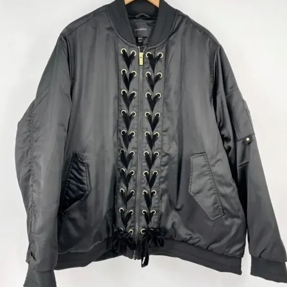 Lane Bryant Black Satin Bomber Jacket W/Velvet Lace Up Front Detail Size 18/20 - Picture 2 of 15